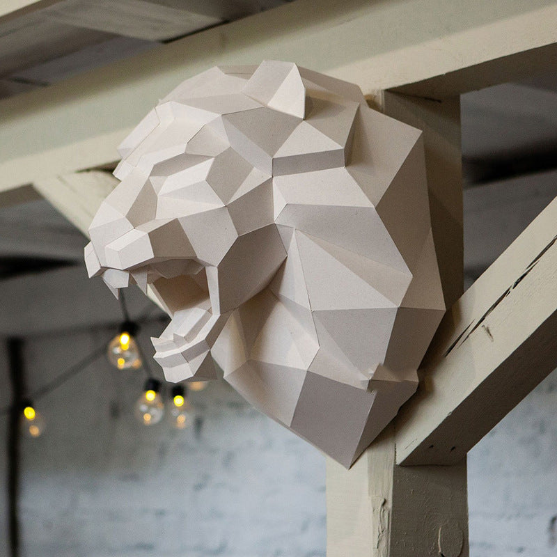 Lion Head Wall Decor DIY Paper Craft Kit 48cm 3D Polygon Animal Sculpture - caseovo