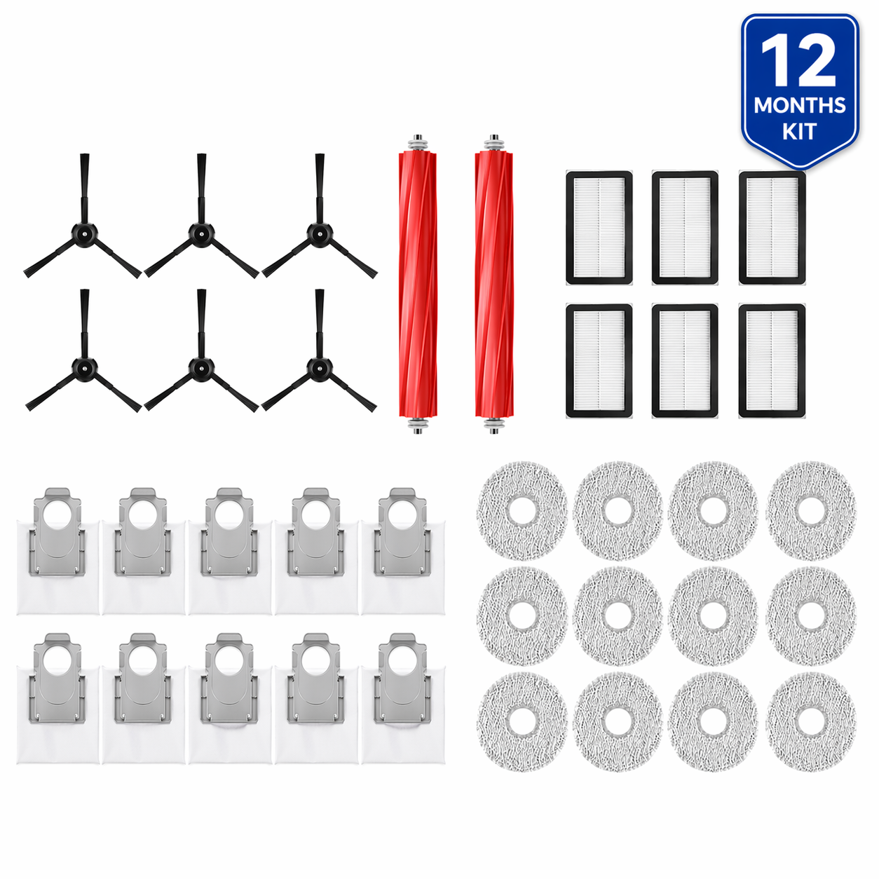 12-Month Replacement Parts Kit for Roborock Qrevo S / Pro / Plus – Main Brushes, Side Brushes, Filters, Mop Pads & Dust Bags - caseovo